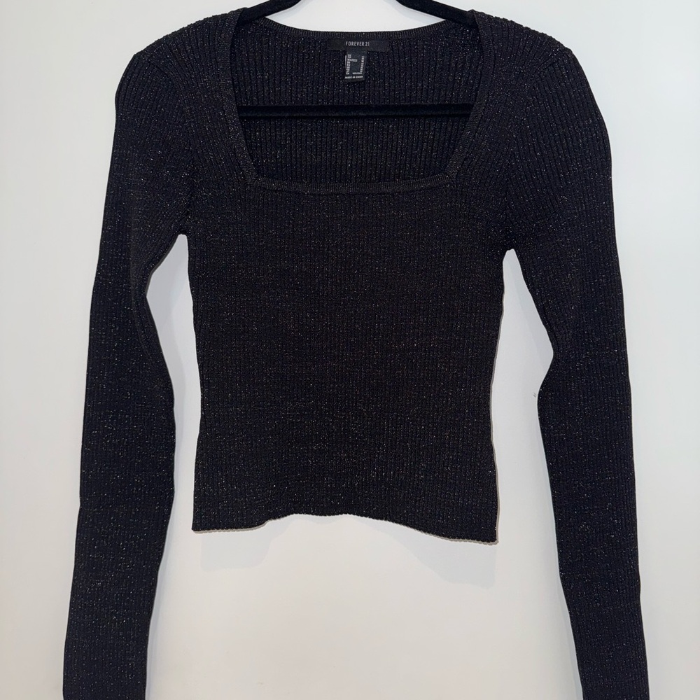 Forever 21 Black Metallic Ribbed Square Neck Top